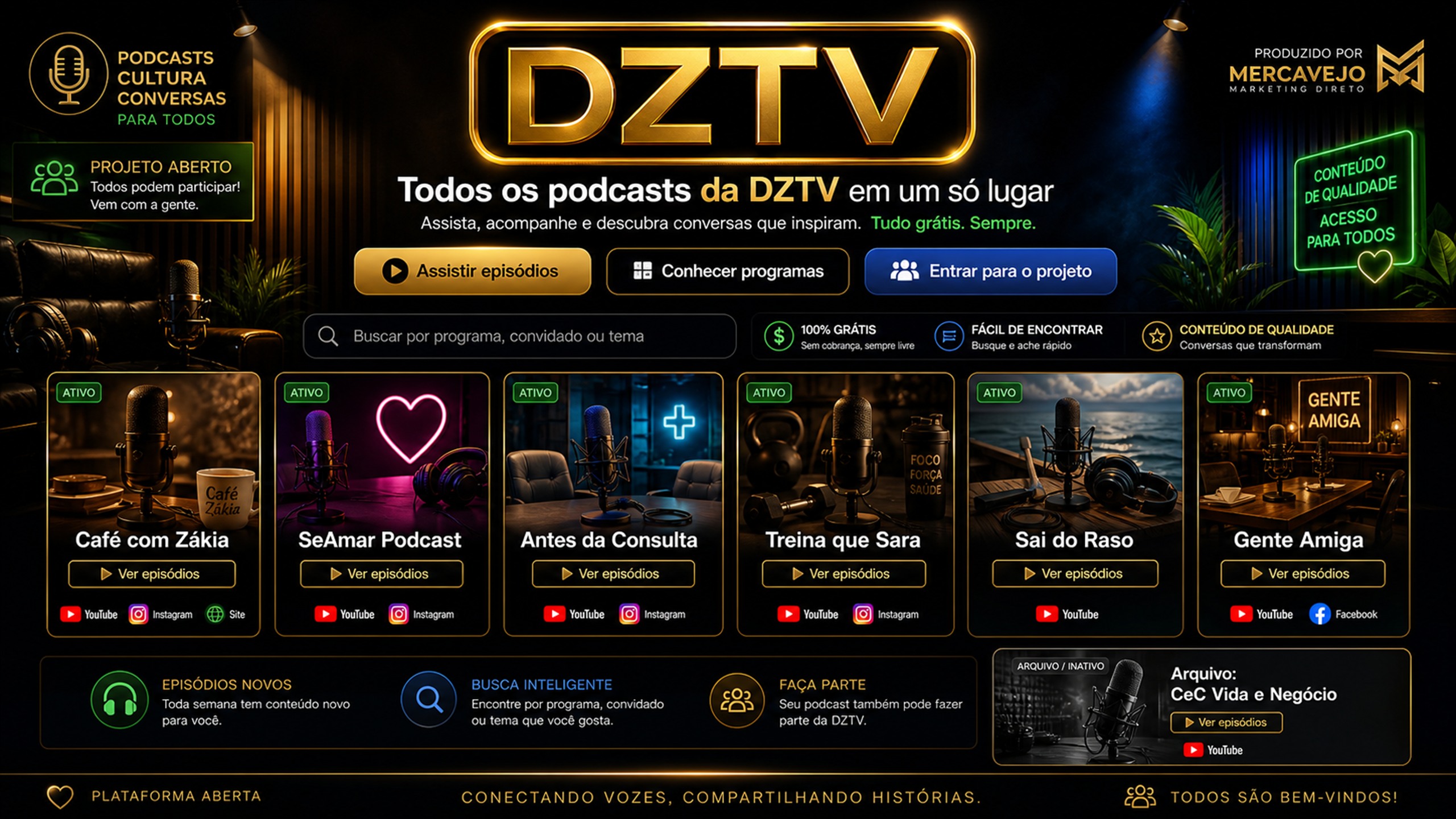 Homepage premium DZTV com logo, busca, programas de podcast e botões de episódios